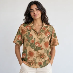 Desert Crawler Camp shirt on a hanger showing all-over pattern