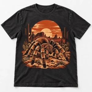 Front flat lay of faded black Desert Tarantula tarantula shirt with rust and tan desert spider artwork
