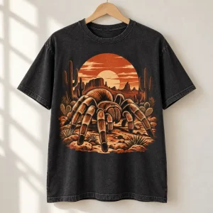 Faded black Desert Tarantula tarantula shirt hanging on a wooden hanger with vintage desert artwork visible