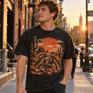 Lifestyle photo of man wearing faded black Desert Tarantula tarantula shirt on a sunny New York City street