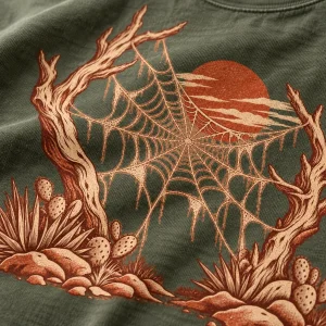 Close-up of engraved web, desert branches and terracotta setting sun