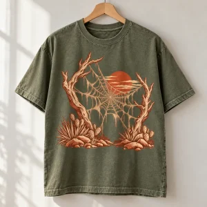 Faded olive Desert Web tee on a hanger