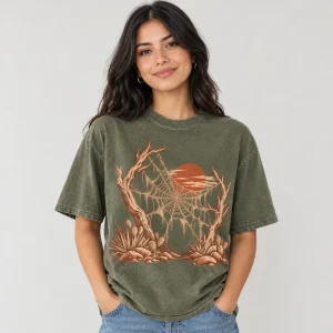 Model wearing faded olive Desert Web tee