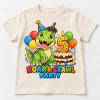 Front flat lay of Natural Kids Dino Spider Birthday dinosaur spider birthday shirt with dinosaur, spider, cake and number 5