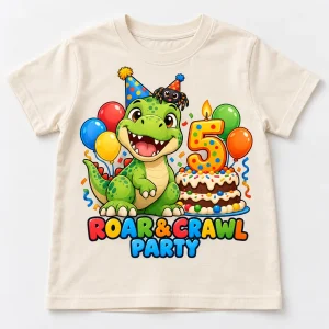 Front flat lay of Natural Kids Dino Spider Birthday dinosaur spider birthday shirt with dinosaur, spider, cake and number 5