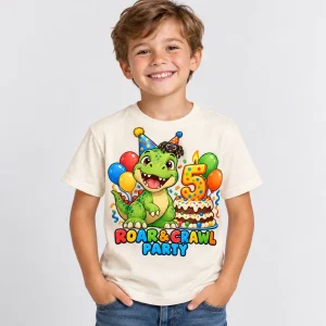 Child wearing Natural Kids Dino Spider Birthday dinosaur spider birthday shirt with colorful fifth-birthday artwork