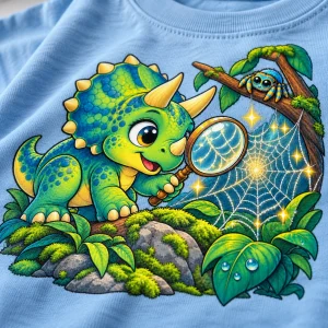 Close-up of baby triceratops, magnifying glass, spider, and sparkling web print