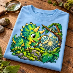 Folded light blue Dino Web Discovery dinosaur and spider shirt on wooden table