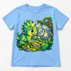 Front flat lay of light blue Dino Web Discovery youth dinosaur and spider shirt