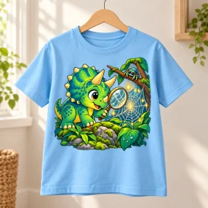 Light blue Dino Web Discovery youth tee displayed on a wooden hanger