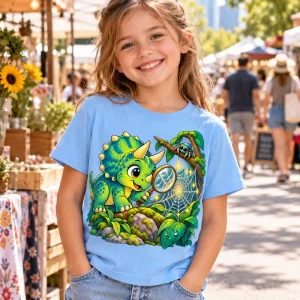 Girl wearing Dino Web Discovery dinosaur and spider shirt at an outdoor market