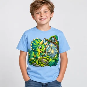 Child model wearing light blue Dino Web Discovery dinosaur and spider shirt