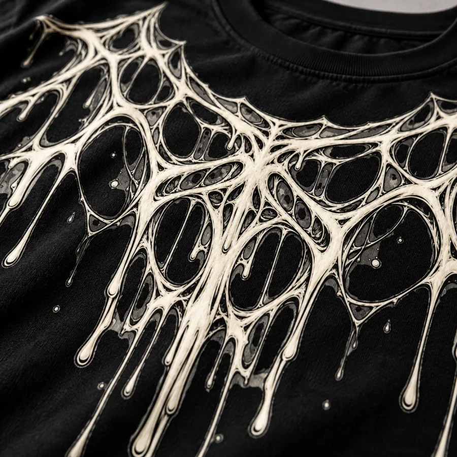 Close-up of thick hand-inked drip ends in off-white ink on black cotton