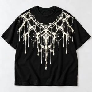 Front flat lay of black Dripping Web oversized tee with off-white melting web