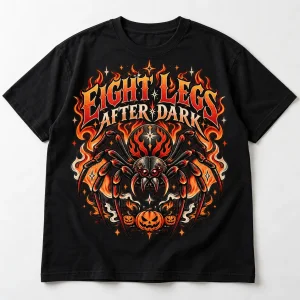 Front flat lay of Black Heavyweight Eight Legs After Dark halloween spider t shirt with fiery spider artwork