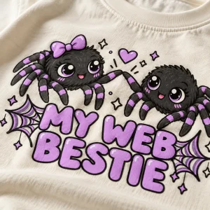Close-up of MY WEB BESTIE lettering with lavender stars and spider