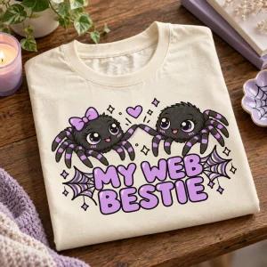 Two folded cream spider best friend shirts side by side