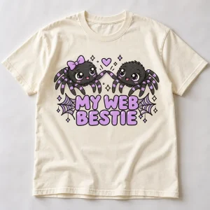 Front flat lay of cream Eight Legs Besties spider best friend shirt