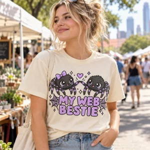 Two best friends in matching Eight Legs Besties tees laughing at a lakeside picnic