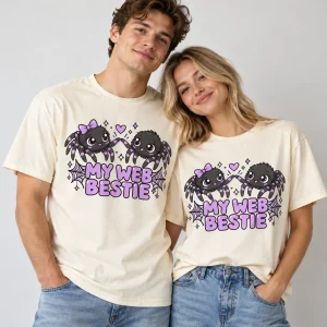 Two friends wearing cream Eight Legs Besties matching spider shirts