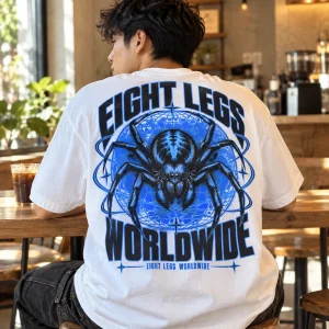 Traveler in Eight Legs Worldwide tee walking through a busy airport terminal