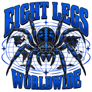 Model wearing white Eight Legs Worldwide spider graphic streetwear tee