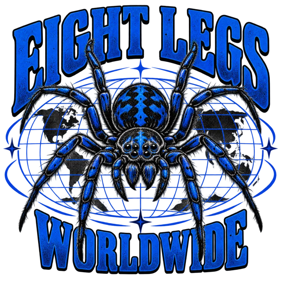 Model wearing white Eight Legs Worldwide spider graphic streetwear tee