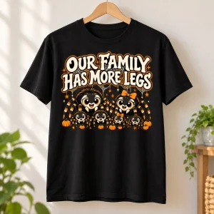 Folded black Family Eight Legs matching tee showing cream and orange spider family print on top