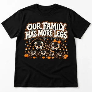 Front flat lay of black Family Eight Legs matching tee with cream and orange spider family Halloween artwork