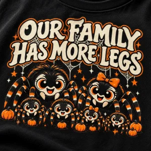 Lifestyle view of a woman wearing the black Family Eight Legs spider family Halloween shirt outdoors