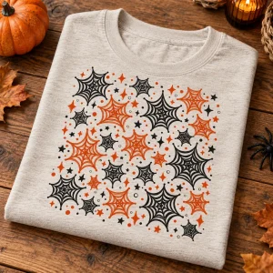 Close-up of Family Web Pattern print showing black and rust spider webs, stars and dots on heather oatmeal fabric