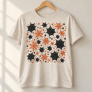 Folded heather oatmeal Family Web Pattern shirt showing the black and rust web, star and dot front print