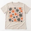 Front flat lay of heather oatmeal Family Web Pattern family spider web shirt with black and rust webs, stars and dots