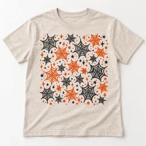 Front flat lay of heather oatmeal Family Web Pattern family spider web shirt with black and rust webs, stars and dots