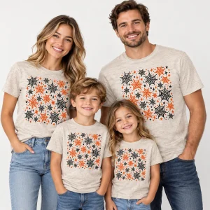 Family wearing matching heather oatmeal Family Web Pattern shirts with black and rust spider web graphics