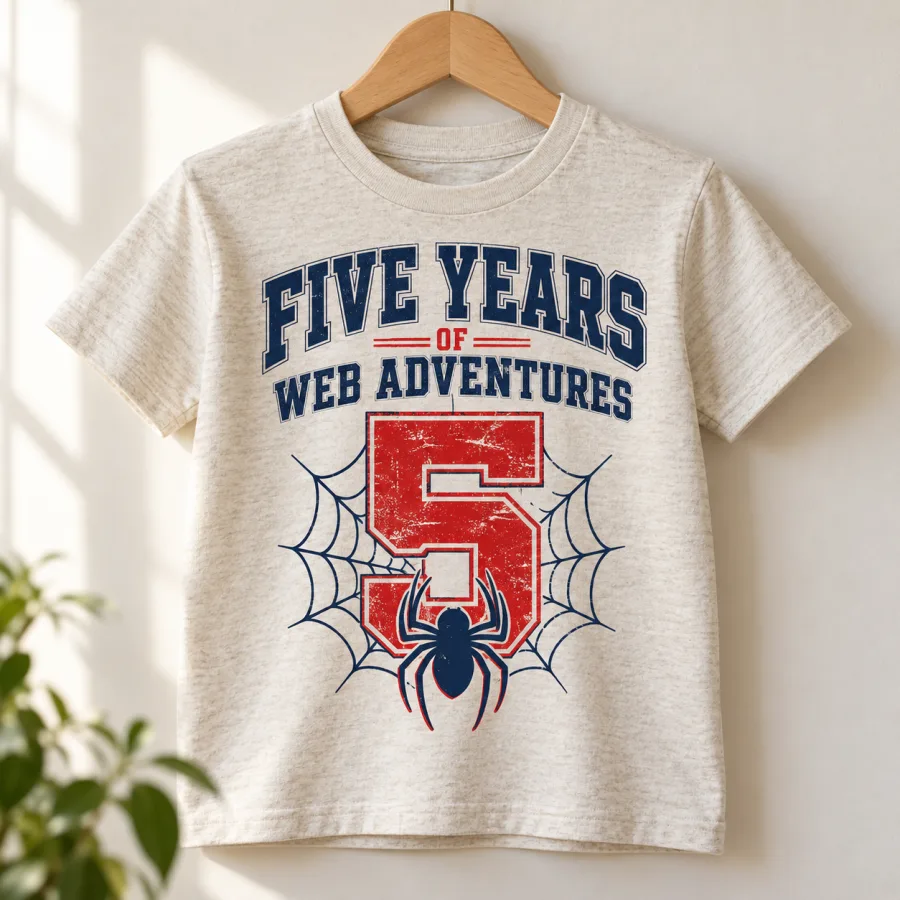 Folded Heather oatmeal Five Years Of Webs 5 year old spider shirt with front birthday graphic visible
