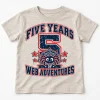 Front flat lay of Heather oatmeal Five Years Of Webs 5 year old spider shirt with navy and red varsity number 5 graphic