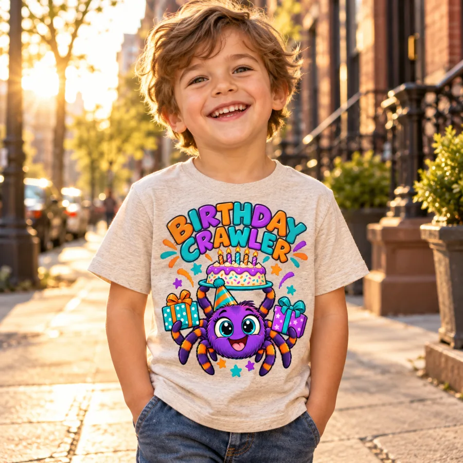 Lifestyle photo of child wearing Heather oatmeal Five Years Of Webs 5 year old spider shirt outdoors