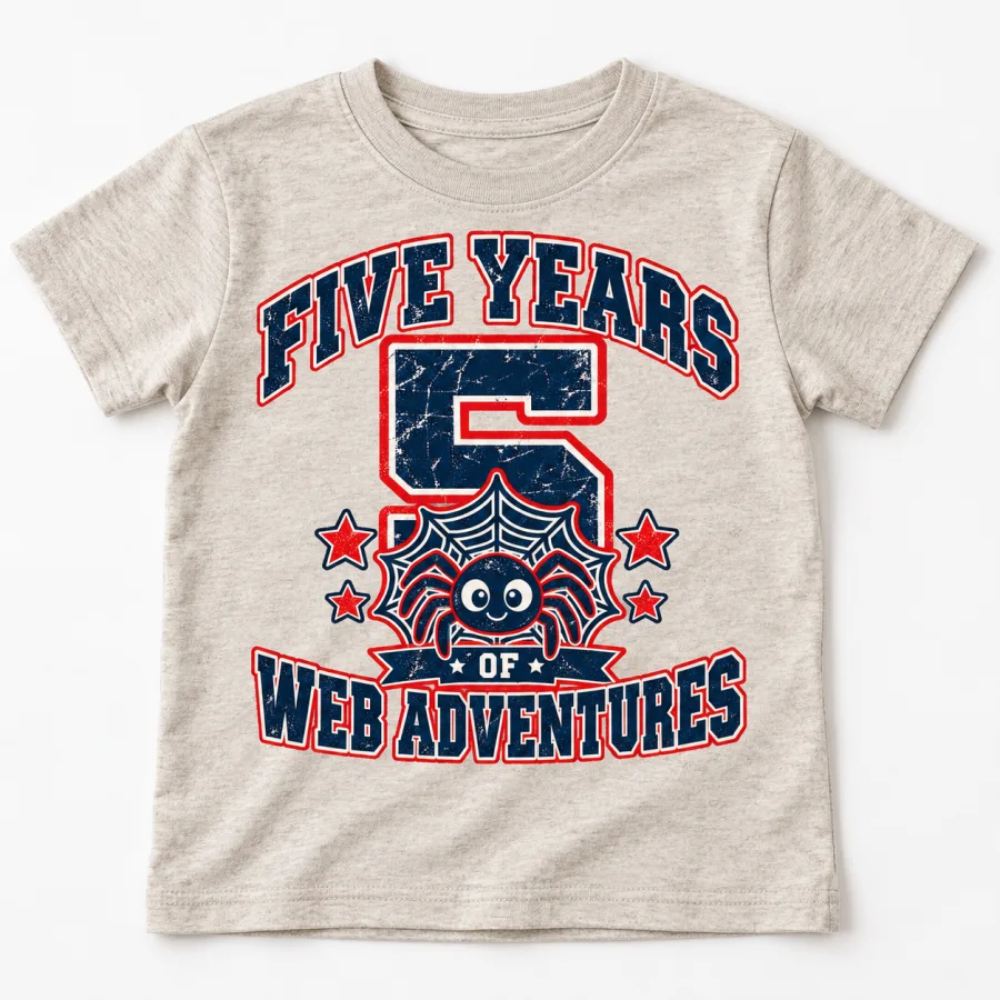 Child model wearing Heather oatmeal Five Years Of Webs 5 year old spider shirt with spider and web crest