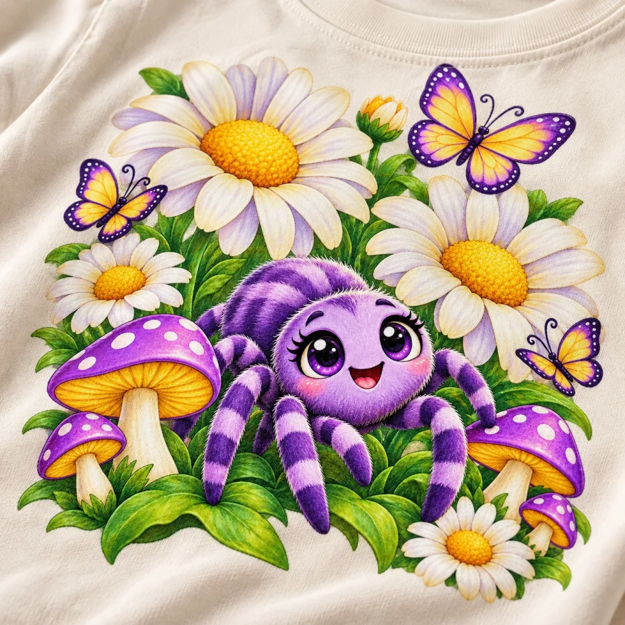 Close-up of Flower Garden Spider print showing cotton texture, purple spider, daisies and detailed colors