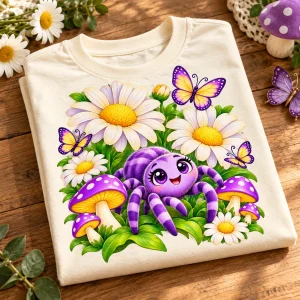 Folded cream youth Flower Garden Spider shirt showing purple spider, flowers, mushrooms and butterflies