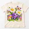 Front flat lay of cream youth Flower Garden Spider tee with purple spider, daisies, mushrooms and butterflies