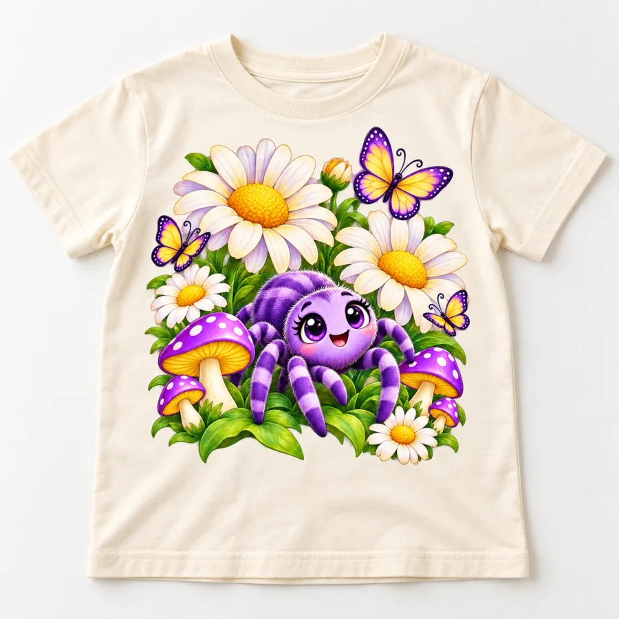 Front flat lay of cream youth Flower Garden Spider tee with purple spider, daisies, mushrooms and butterflies