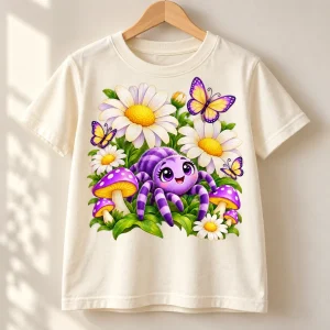 Cream youth Flower Garden Spider tee displayed on a wooden hanger with colorful front print