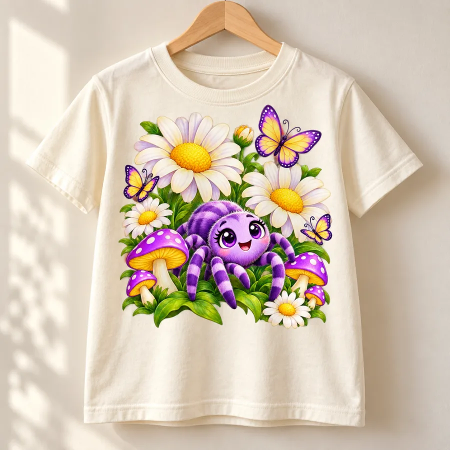 Cream youth Flower Garden Spider tee displayed on a wooden hanger with colorful front print