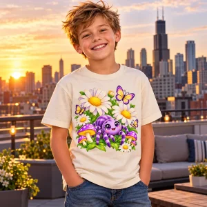 Boy wearing cream Flower Garden Spider youth tee in a casual city lifestyle setting