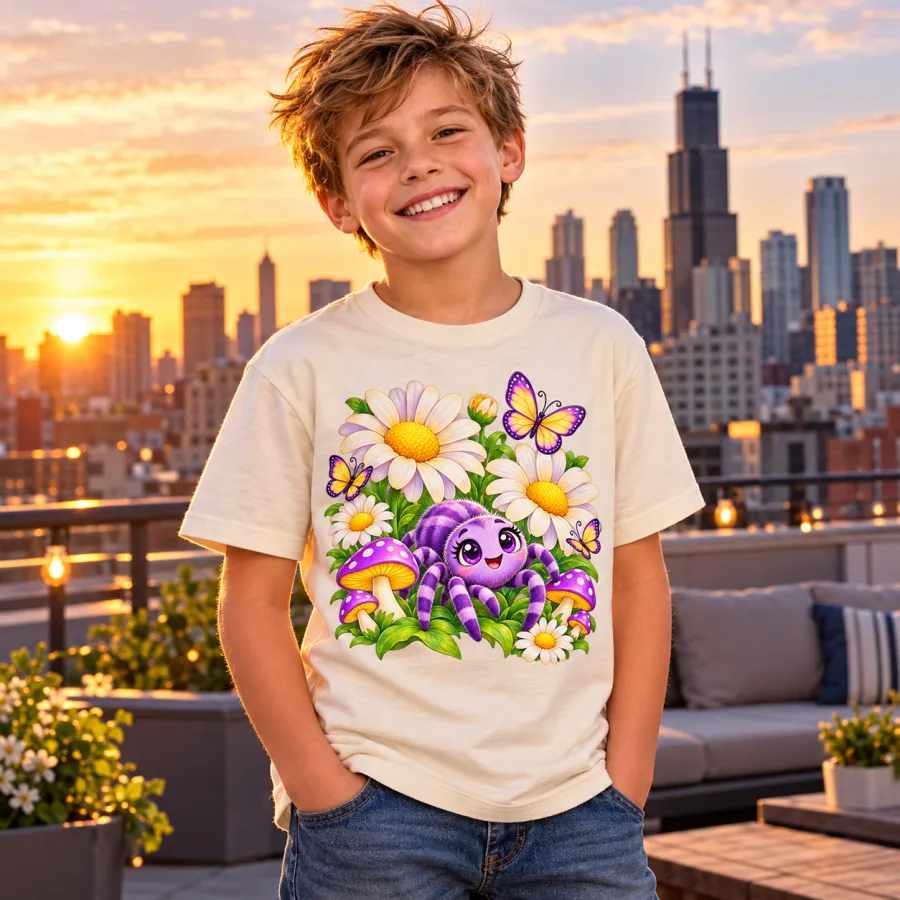 Boy wearing cream Flower Garden Spider youth tee in a casual city lifestyle setting