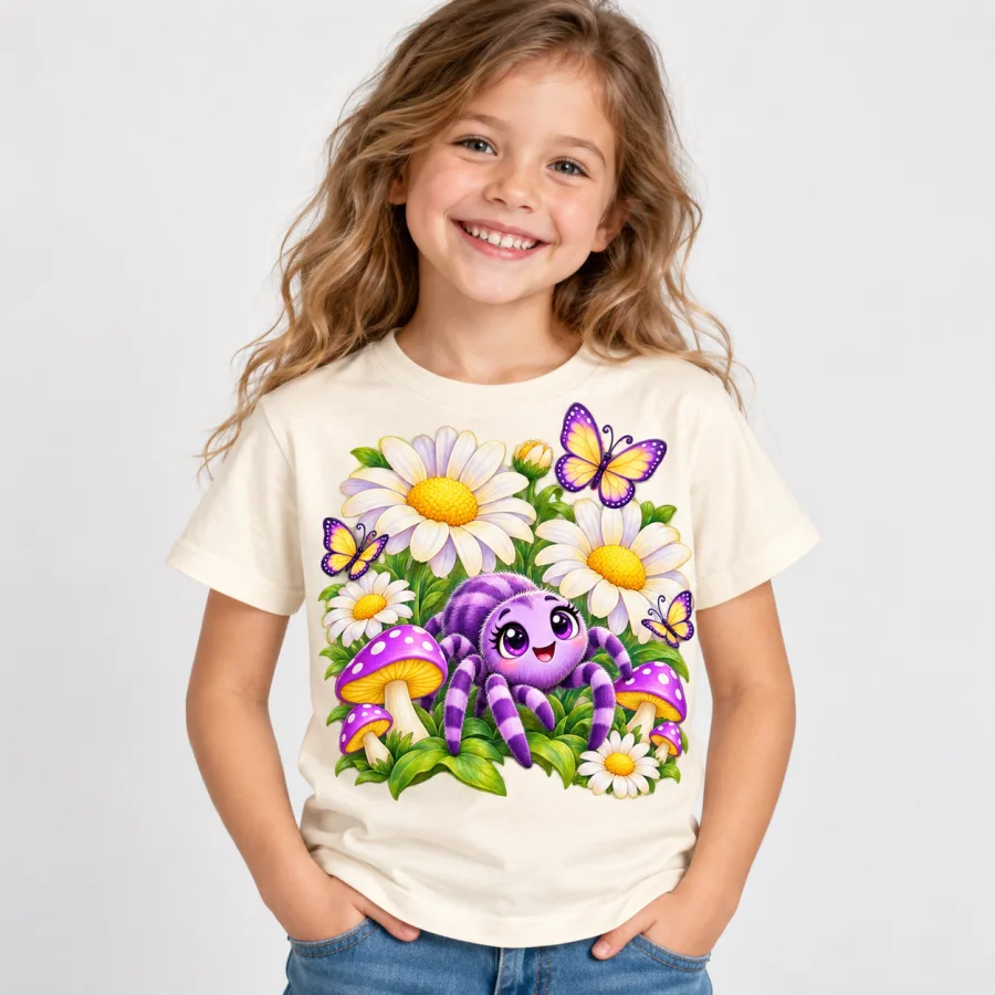 Girl wearing cream Flower Garden Spider cute spider shirt with colorful garden artwork