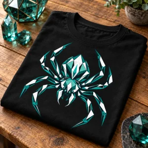 Close-up of Geometric Spider print showing angular white and muted teal facets on black cotton fabric