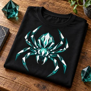 Folded black Geometric Spider geometric spider shirt on wooden table with faceted spider print visible